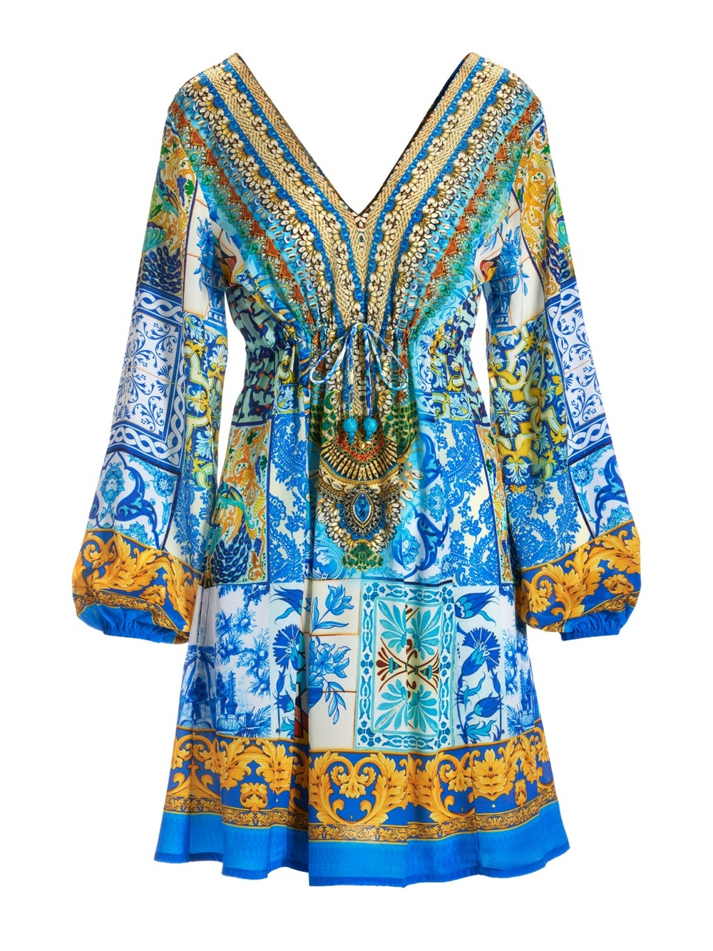 Boston Proper Blue & Gold Boho V-Neck Long-Sleeve Mini Dress